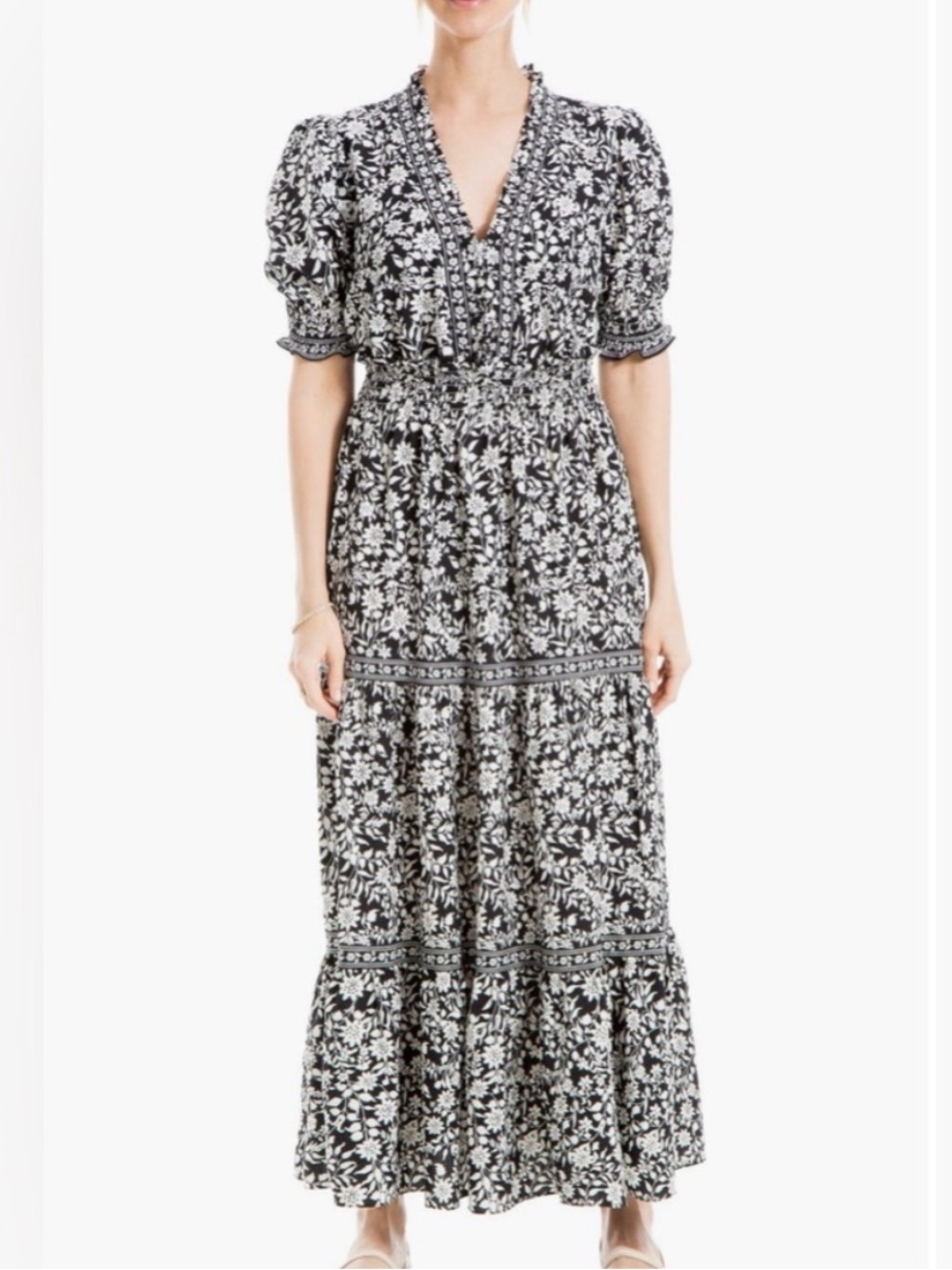 MAX STUDIO Black and White Floral Tiered Maxi Dress